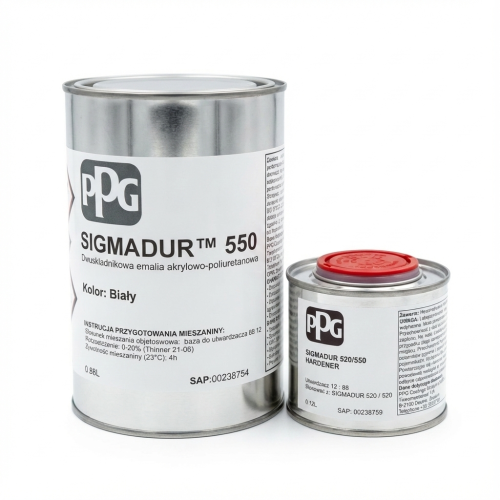 ZESTAW farby poliuretanowej Sigmadur 550 biała połysk 1L