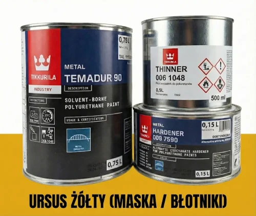 Zestaw lakierniczy Tikkurila Temadur 90 w kolorze Ursus Żółty. Komplet zawiera: farbę poliuretanową 0,75L, utwardzacz 008 7590 0,15L oraz rozcieńczalnik poliuretanowy 006 1048 0,5L. Przeznaczenie: renowacja maski i błotników.