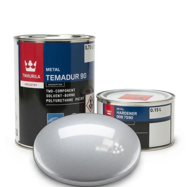 Dwuskładnikowa emalia poliuretanowa Tikkurila Temadur 90 i utwardzacz 008 7590 srebrny aluminiowy ral 9006 0,9l