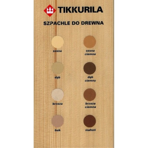Wzornik kolorów szpachli do drewna Tikkurila z 8 próbkami, w tym biała, sosna, sosna ciemna, dąb, dąb ciemny, brzoza, brzoza ciemna, buk, mahoń