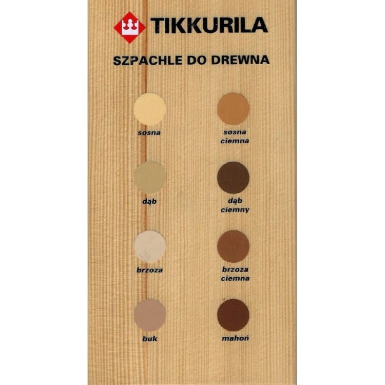 Wzornik kolorów szpachli do drewna Tikkurila z 8 próbkami, w tym biała, sosna, sosna ciemna, dąb, dąb ciemny, brzoza, brzoza ciemna, buk, mahoń