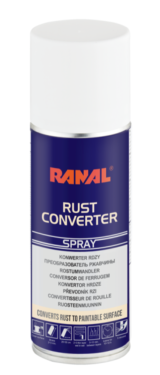 Konwerter rdzy w sprayu RANAL Rust Converter 200 ml, tworzy malowalną powierzchnię.