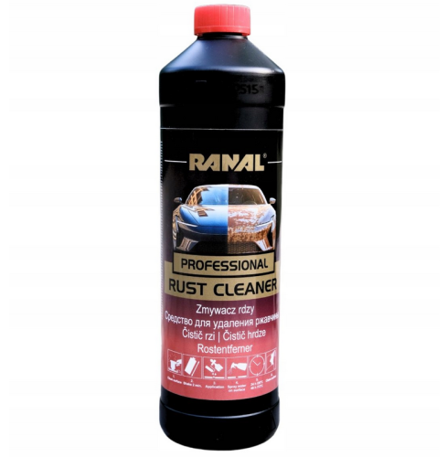 Czarna butelka RANAL Rust Cleaner Professional 1L z etykietą pokazującą transformację samochodu i napisem Zmywacz rdzy