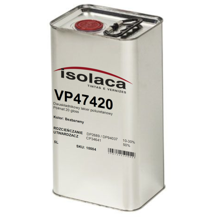 Duży, metalowy kanister 5L lakieru poliuretanowego Isolaca VP47420 Półmat 20 gloss