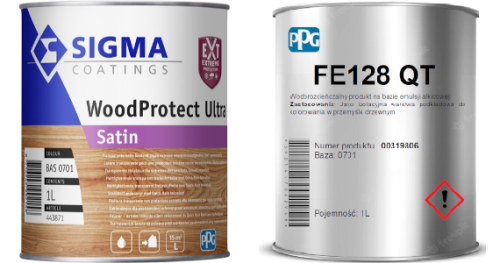 Elementy zestawu do renowacji okien Urzędowskiego: puszka Sigma WoodProtect Ultra Satin i puszka PPG FE128 QT